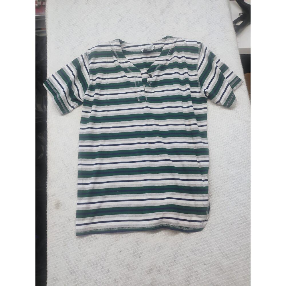 Vintage 90s Striped Henley Shirt Women’s M Green Blue Y2k Preppy Pickleball Golf